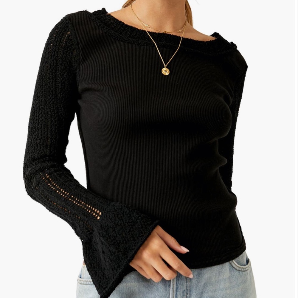 NWT Free People Cuffing Season black crochet sleeve top, size Medium
